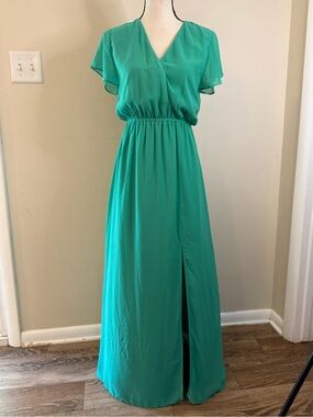 I Love green short sleeve maxi dress semi sheer lined SM
